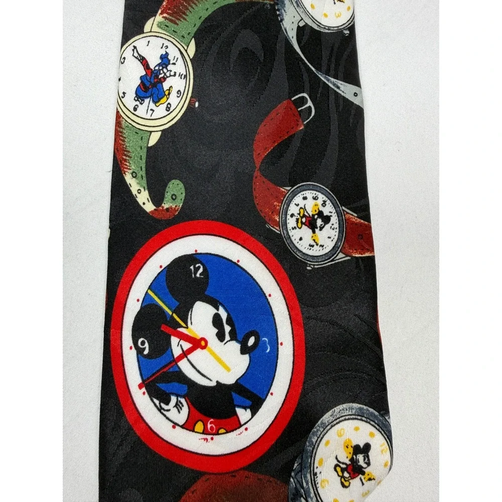Vintage Mickey Unlimited Disney Watch Clock Print Necktie Black Balancine USA